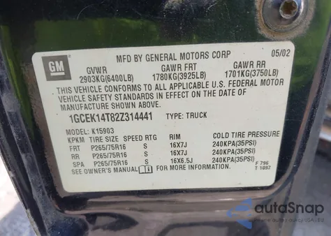 2002 Chevrolet Silverado 1500 Ls z USA, uszkodzony, nr VIN 1GCEK14T82Z314441